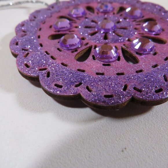 Lavender Circle Medallion Laser Cut Wooden Ornament with Rhinestones Hangs #2 - Picture 5 of 7